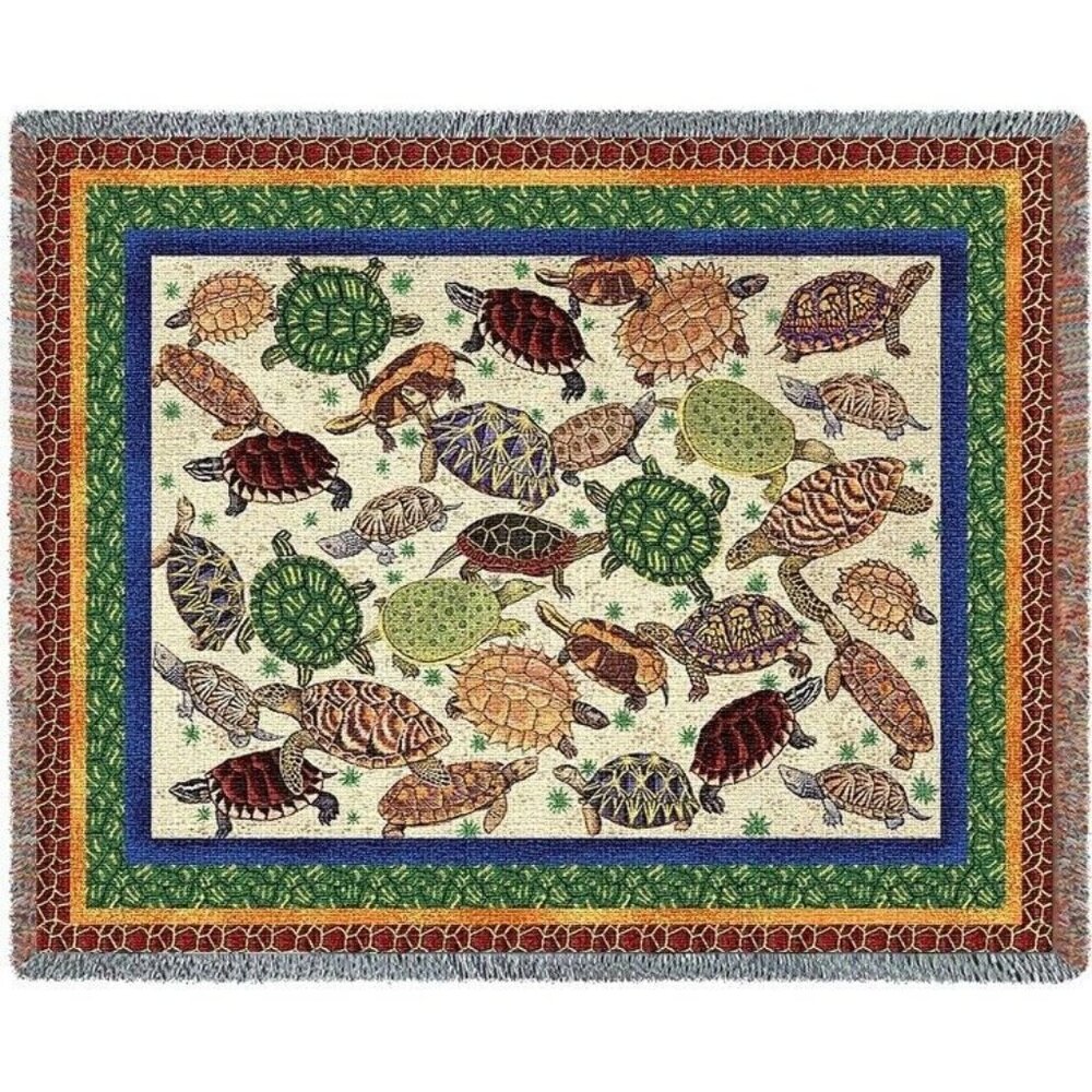 New Turtles Heavy Afghan Woven Cotton Throw Blanket Green Turtle Painted Box NIP